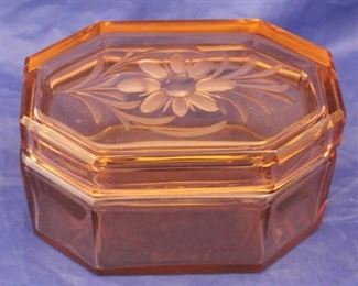 48 - Etched Pink Depression Glass Box 6" x 3 1/2"
