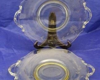 56 - 2 Lancaster Jubilee Etched Yellow Glass Platters 12 1/2" round
