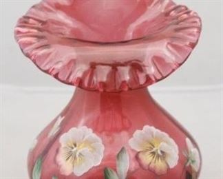 138 - Fenton Cranberry Signed Jack Pulpit Vase 8" tall
