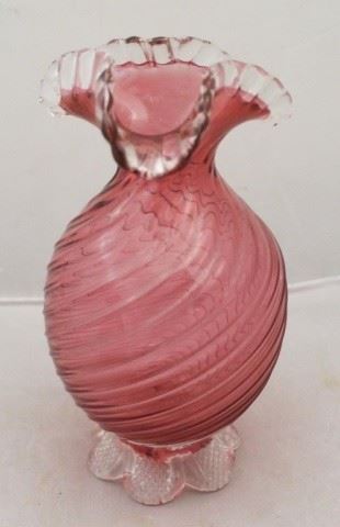 140 - Cranberry Ruffled Edge Swirl Glass Vase 9" tall
