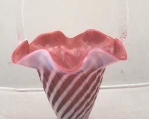 144 - Cranberry Fenton Swirl Glass Basket w/ Sticker 11" tall
