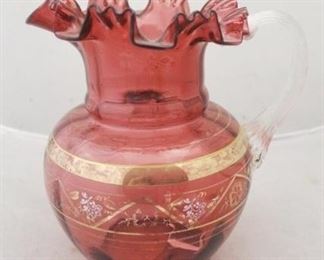 155 - Cranberry Glass Pitcher - enamel painted 9" tall
