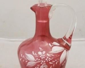 158 - Cranberry Glass Cruet - Enamel painted 8 1/2" tall
