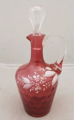 158 - Cranberry Glass Cruet - Enamel painted 8 1/2" tall
