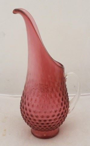 160 - Fenton Cranberry Hobnail Glass Pitcher 11" tall
