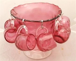 200 - 7 pc Cranberry Glass Bowl w/ 6 Cups & Hangers