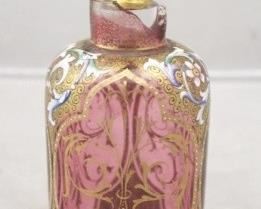 208 - Painted Cranberry Glass Bottle-AS IS-broken neck 6 1/2" tall
