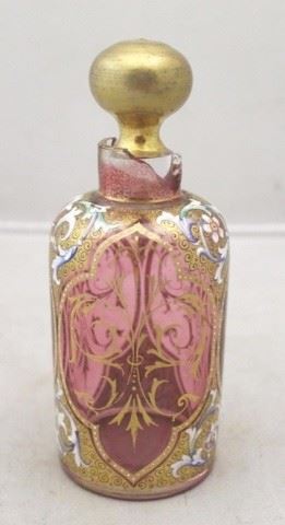 208 - Painted Cranberry Glass Bottle-AS IS-broken neck 6 1/2" tall
