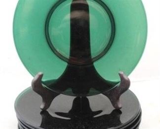214 - Set of 9 Forest Green Glass Plates 8 1/4" round
