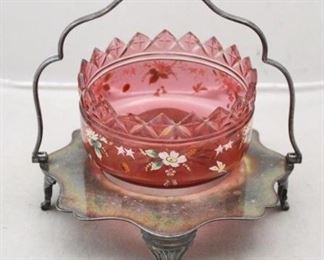 217 - Cranberry Glass Bowl w/ Silver Plated Carrier 7" x 6 1/2"
