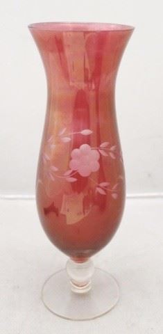219 - Etched Cranberry Glass Vase 10 1/4" tall
