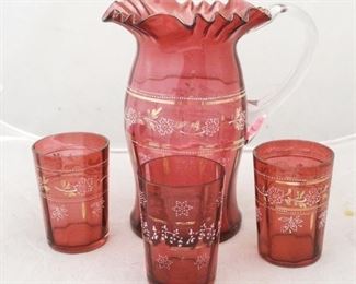 223 - Cranberry enamel painted pitcher & 3 tumblers 8 1/2" tall pitcher 4" tall tumblers
