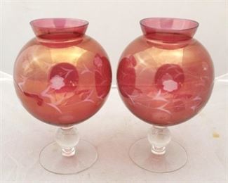 226 - Pair of Cranberry Art Glass Ivy Vases 8" tall
