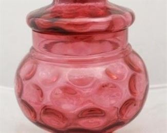 228 - Cranberry Glass Covered Jar 10 1/2" tall
