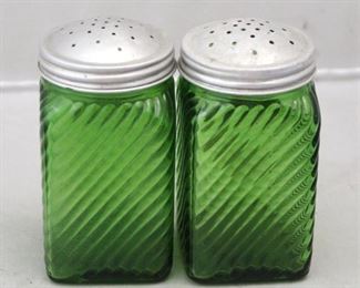 296 - Green Glass Salt and Pepper Shakers (2 pieces) 4 1/4" tall

