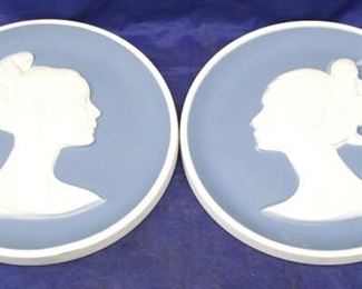 387 - Pair Painted Brass English Wall Plaques 8" round

