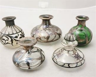 518 - Lot of 5 Silver Overlay Glass Perfume Bottles No Tops
