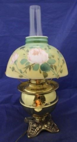 537 - Vintage Brass Electric Lamp with Hand Painted Shade- 20" tall
