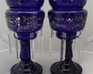 552 - Pair Cobalt Painted Glass Mantle Lustres 14" tall
