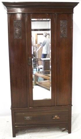 660 - English Carved One Door Wardrobe 77" X 42" X 49 1/2" Mirrored front door