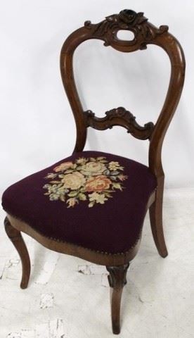 681 - Victorian Carved Walnut Needlepoint Chair 36 x 17 1/2 x 18
