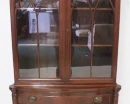 693 - Mahogany china cabinet, broken arch pediment 77 1/2 x 32 x 14 1/2
