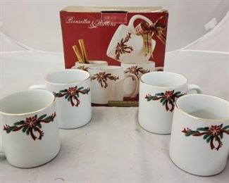 761 - Poinsettia & Ribbons 4 pc holiday mug set in box
