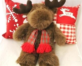 771 - Pair Christmas pillows & stuffed moose
