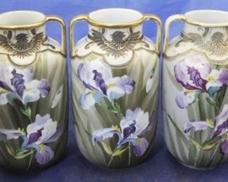 873 - 3 Nippon hand painted handled vases 7 1/2" tall
