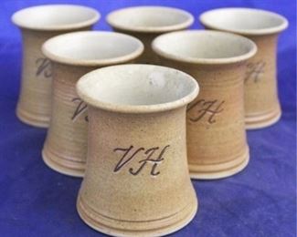 1037 - Set of 6 signed art pottery cups 3 1/2" tall
