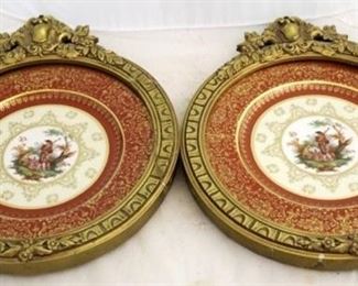 1089 - Pair Czechoslovakian porcelain plates set in gold leaf frames 12 1/2" round
