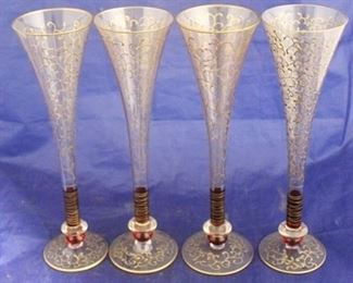 1520 - 4 Handpainted champagne flutes 10 1/2" tall
