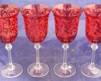 1535 - Set of 4 Le Sielle ruby etched water goblets 8 1/4
