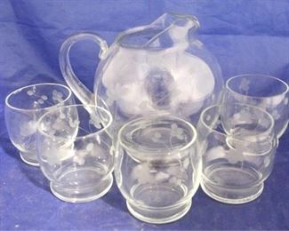 1568 - Vintage etched glass lemonade set 5 glasses
