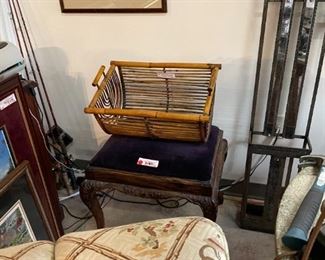 Magazine basket and velvet ottoman