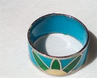 silver and blue enamel ring