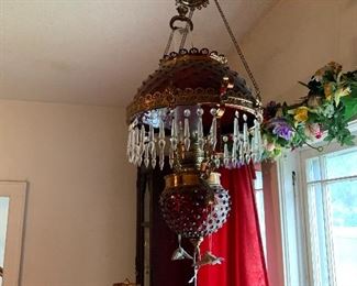 Ruby Red Hobnob hanging oil lamp chandelier 