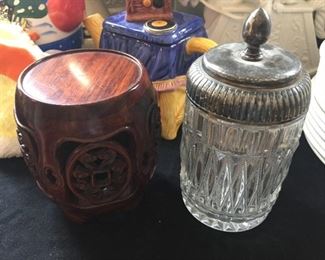 Wooden box and glass canister.