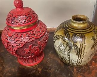Vintage Cinnabar & Brass Covered Jar.