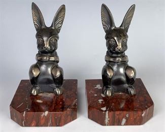 Signed H. Moreau Silvered Metal Rabbit Bookends - Lot 167