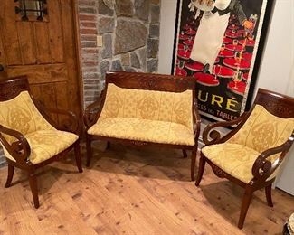 Mahogany Settee and 2 Chairs with beautiful inlay detailing and gold Damask Fabric