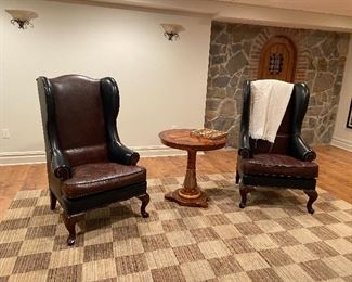 Maitland Smith Wing Chairs with embossed Leather! So Handsome, Carpet and  End table also.