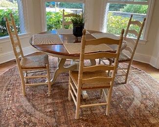 Kitchen Table and Ladder Back Chairs, Table has an extension Leaf, Round Carpet 