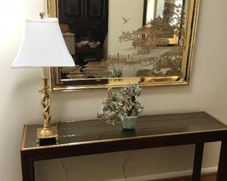 Mirror, lamp, entry table, by Henredon,  decor, rug