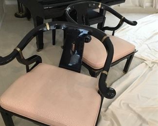 Lacquered pair of chairs by Century Chair Company, Hickory NC. Pair of Mid-Century Modern James Mont Style Black Lacquer Armchairs by Century