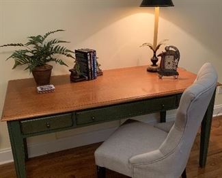 Wood Desk and Gray Upholstered Accent Chair