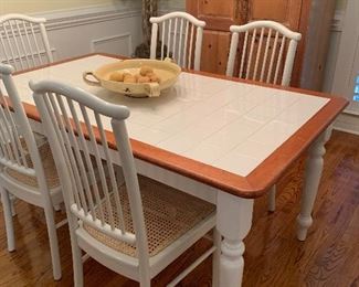 White Rustic Tile Top Table, 5 Dining Chairs (Sold Separately)