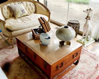 French style settee, coffee table,   rug