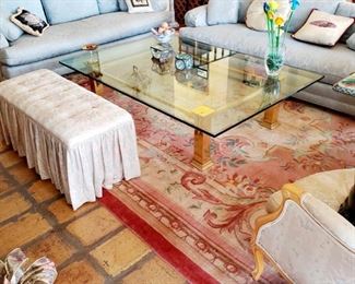 Matching sofas, down sofas, glass & brass coffee table, rug, 