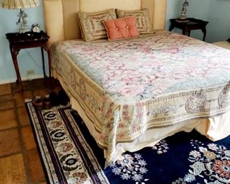 Queen bed , matching tables, rug, lamps,  padded headboard